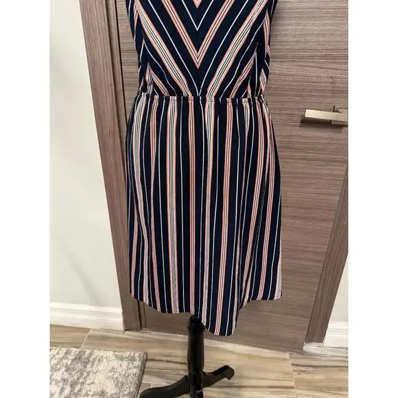 Monteau Los Angeles Women’s Dress M Navy Blue White Pink Striped Sleeveless - Picture 3 of 8